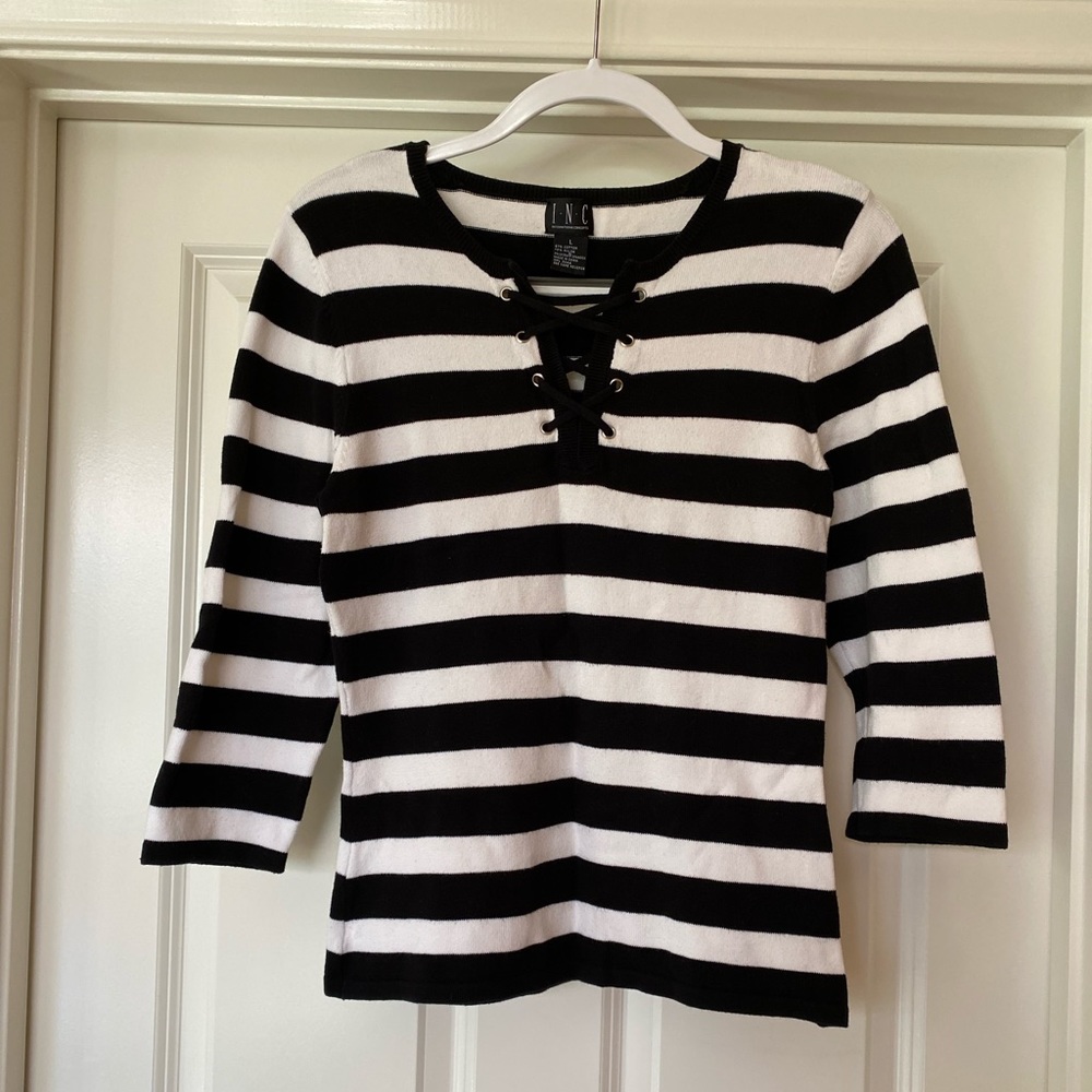 INC Women’s Stripe Split-Neck Sweater - Picture 1 of 7